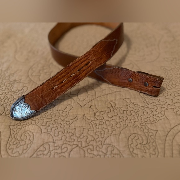 VTG Tony Lama Brown Leather & Lizard Western Belt with Silver Tip, Size 36 - Picture 7 of 13